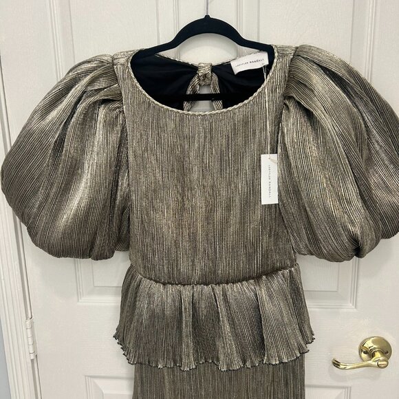 Loeffler Randall Dorit Puff Sleeve Pleated Bow Back Dress Metallic Gold 4 NWT - Picture 5 of 6
